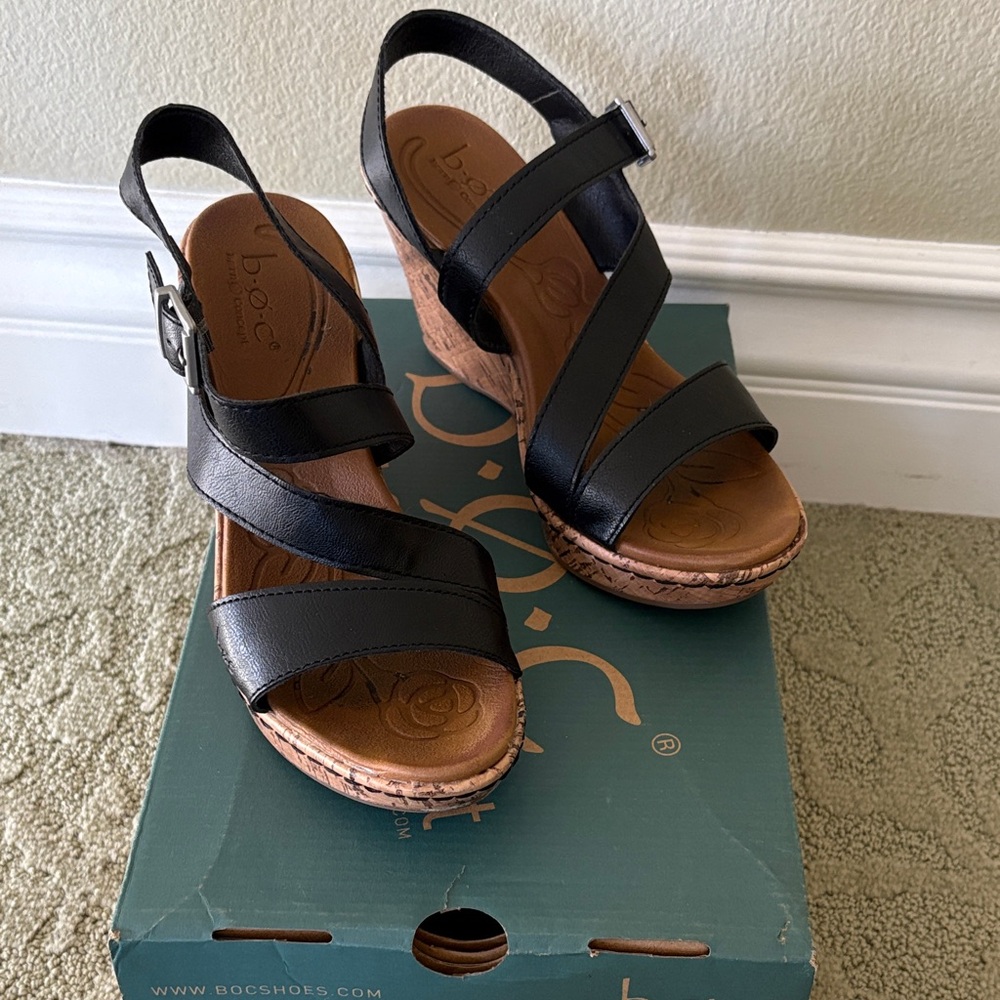b.o.c. Black and Brown Wedge Sandals